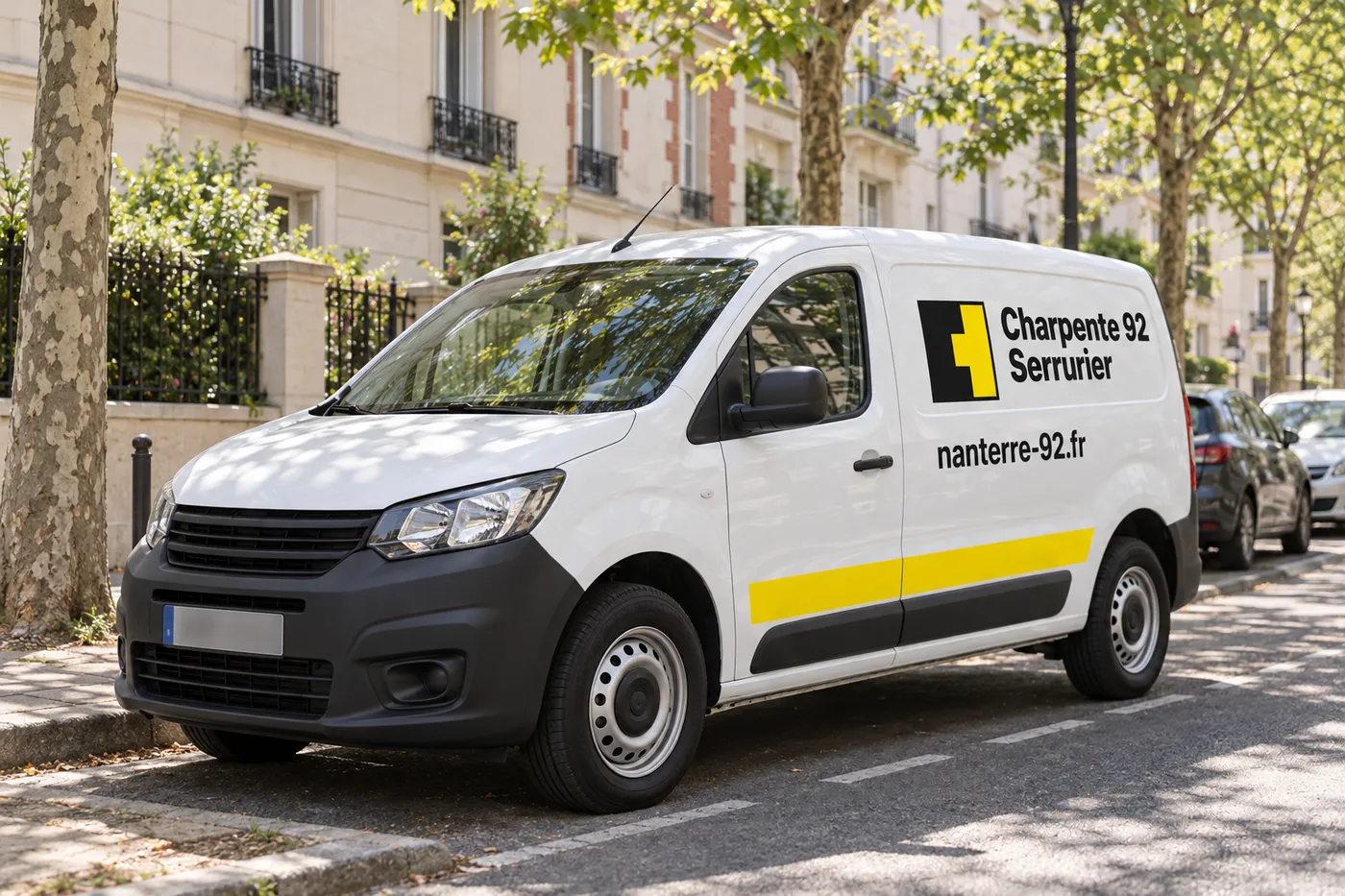 Camionnette blanche Charpente 92 Serrurier marquée nanterre-92.fr garée dans une rue arborée de Nanterre