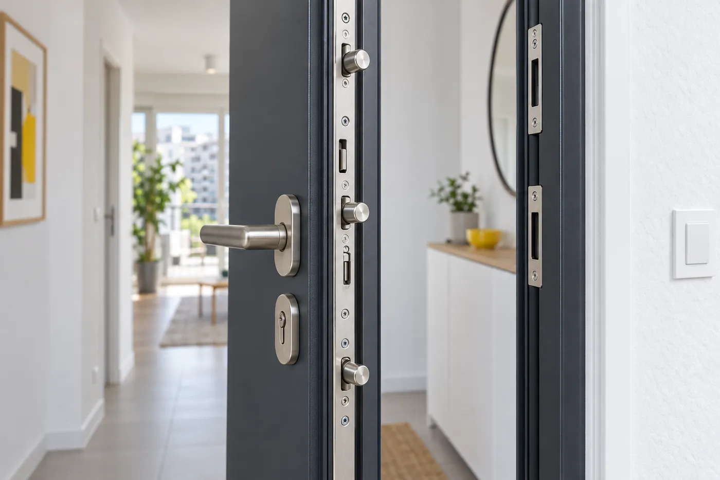 Têtière d'une serrure multipoints avec trois points de fermeture sur la tranche d'une porte d'appartement